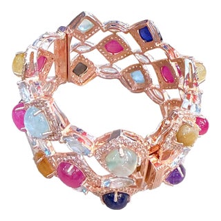 Bochic “Capri” Vintage Ruby & Multi Color Gem & Sapphire Bangle Set 18K Gold & Silver For Sale