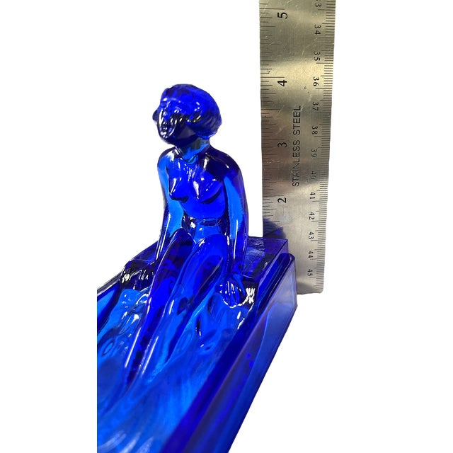 Blue Vintage Art Deco Nude Woman in a Pool Cobalt Blue Glass Soap, Jewelry, or Trinket Dish After Lalique Henrich Hoffmann For Sale - Image 8 of 9