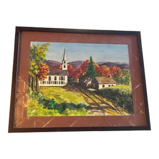 Hokey Ny? 1953 Watercolor of a Rural Landscape With a Church in a Village in Autumn For Sale