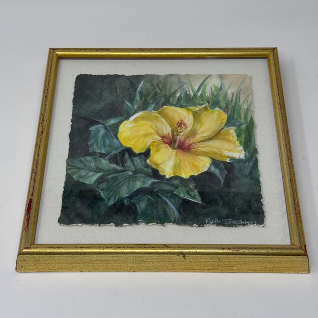 Patti Touchton Original Watercolor Yellow Hibiscus Florida Botanical Painting For Sale - Image 10 of 12
