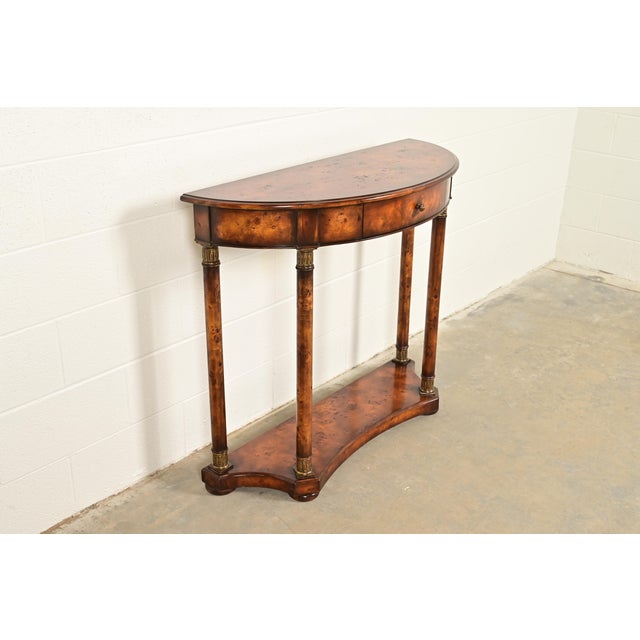 Baker Furniture Company Maitland Smith Style French Empire Burl Wood and Gold Gilt Demilune Console Table For Sale - Image 4 of 16
