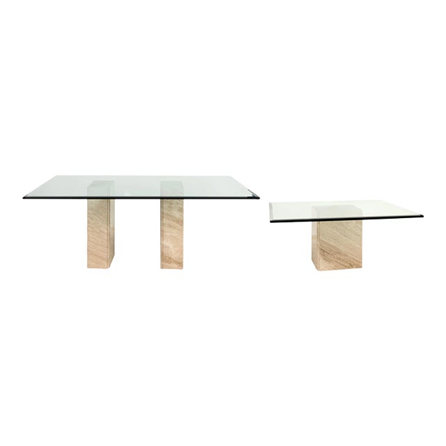 Matched Italian Travertine & Glass Dining Suite | Pedestal Dining Table + Coffee Table, c.1970s For Sale