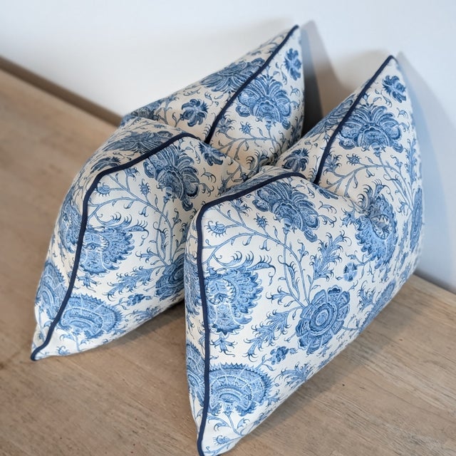 Lee Jofa Lee Jofa Indiennes Floral Lumbars in Delft With Blue Cord For Sale - Image 4 of 7