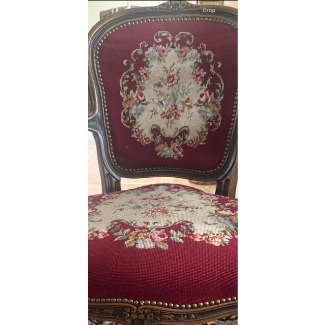 1970s Pair of French Style Needlepoint Boudoir Carved Chairs For Sale - Image 4 of 6