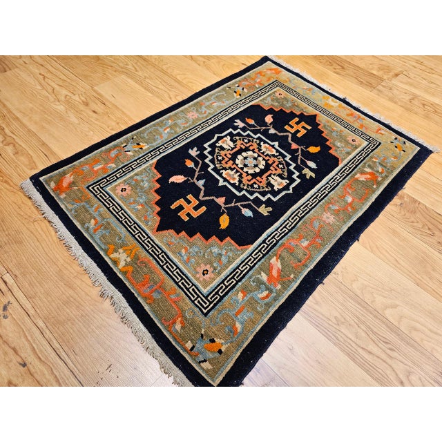 Vintage Tibetan Medallion Rug, Wool on Cotton, Black & Green, 1900s, 2' x 3' For Sale - Image 11 of 11