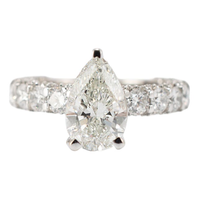 10k White Gold Igi 4.26ctw Pear Shape Lab Grown Diamond Halo Pave Engagement Ring, Size 7.25 For Sale