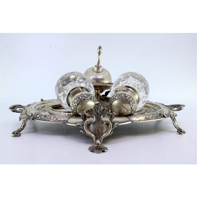 Silver and Glass Inkwell with Silver Lids, Bell Base, Cut-Out and Reliefs, in Very Good conditions. Designed 1890 to 1919...