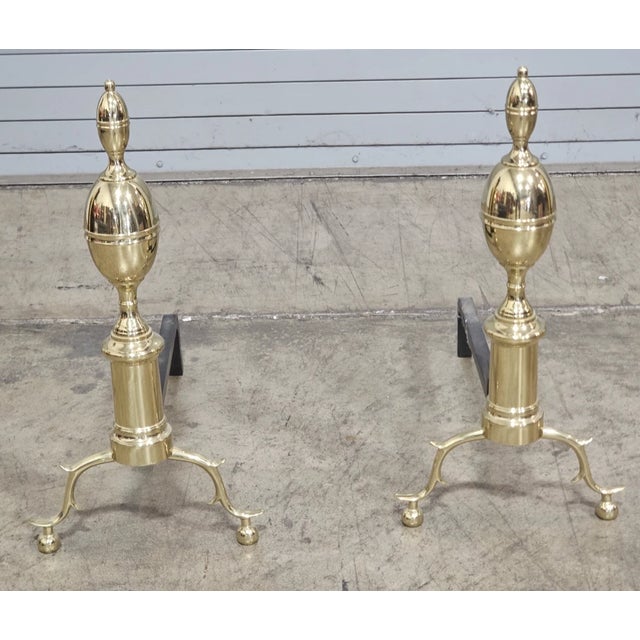 Store Item: Virginia Metalcrafters Williamsburg Raleigh Tavern Brass Fireplace Andirons Model CW 100-2 with logholders...