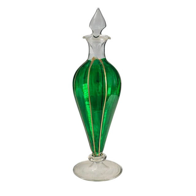 Modern Vintage Hand-Blown Gold & Green Glass Perfume Bottle With Stopper & Dabber – 7.5” For Sale - Image 3 of 8