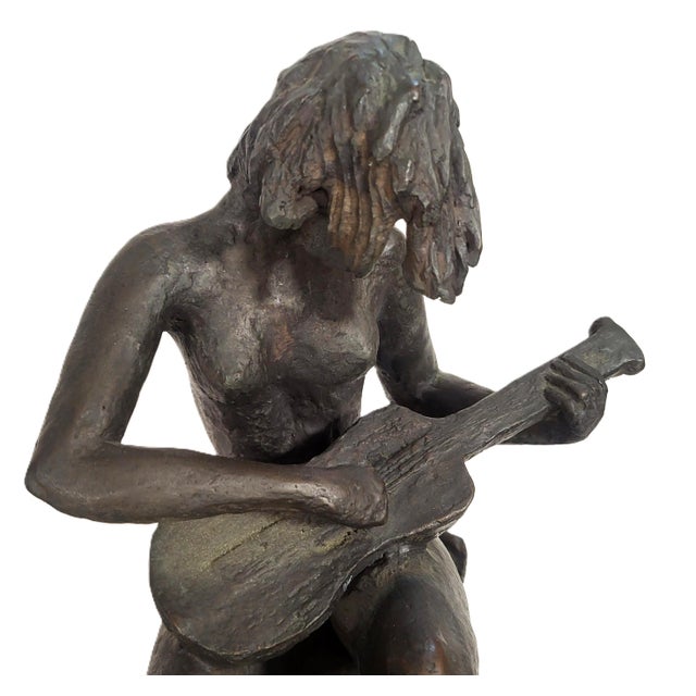 Vintage American Mid-Century Modern Bronze Sculpture Girl Playing Guitar by Weiner For Sale - Image 13 of 18