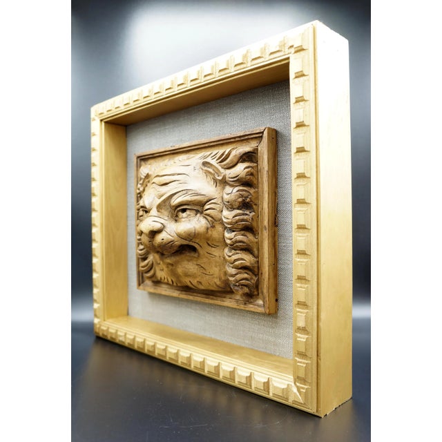 Architectural lion head fragment framed in custom open shadowbox frame with gold finish & linen background. This antique...