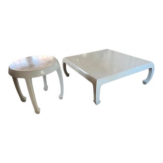1980's Classic White Ming-Style Jumu Coffee & Side Table, 2-Piece Set, Made in Hong Kong For Sale