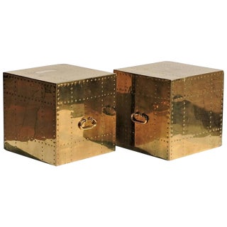 Sarreid Ltd. Studded Brass Cube Tables - A Pair For Sale