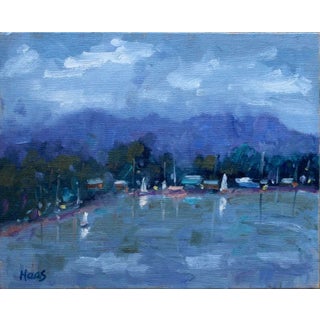 "Cloudy Day at Morro Bay with Sailboats" Contemporary Seascape Oil Painting For Sale