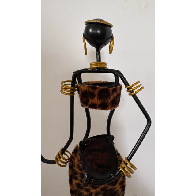 Vintage African Inspired Metal Female Sculpture With Leopard Print, Handcrafted Global Eclectic Figurine, 18.5 For Sale - Image 10 of 11