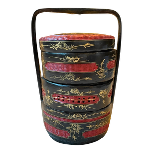 Vintage Chinese Wedding/Food 3-Tier Basket, Bamboo Wood Cane, Gold Red, 9.5”h