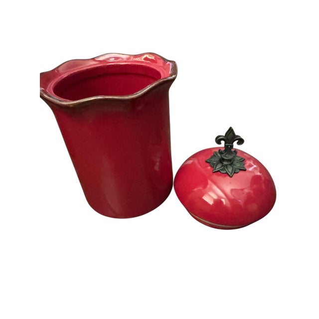 Southern Living “Cinnabar” Red Ceramic Canister Set & Oval Platter – 4 Pieces For Sale - Image 11 of 12