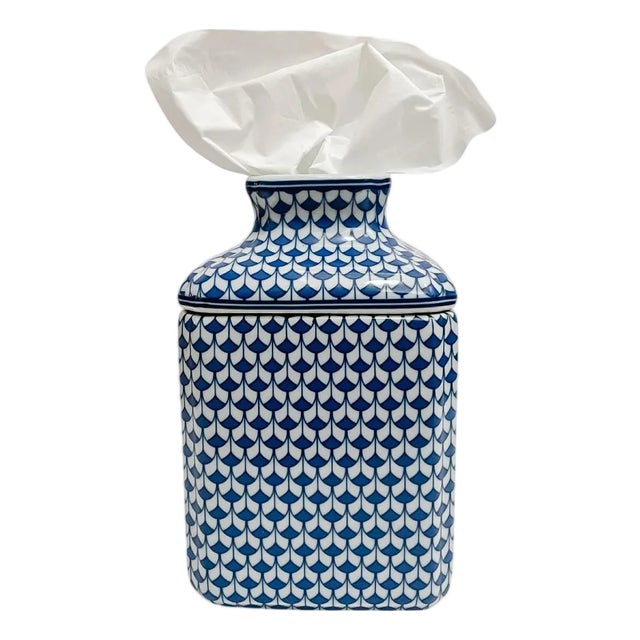 Blue & White Fishnet Ceramic Tissue Box Cover For Sale
