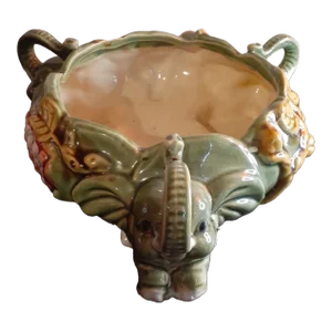 1980s Green Ceramic Art Studio Shallow Planter With 3 Trunk Up Baby Elephants