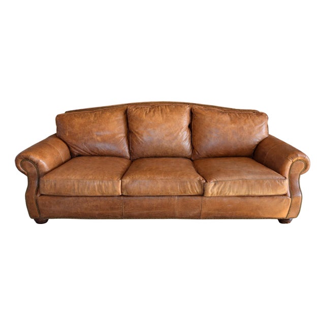 Hancock & Moore Leather Sleeper Sofa With Rich Patina For Sale