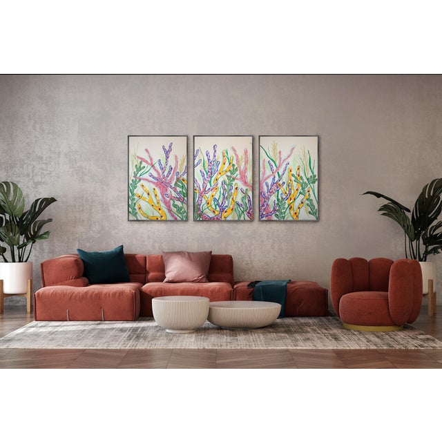 2026, Tropical Corals, Illustration Style Painting Triptych, Modern Seascape, Acrylic Paint on Watercolor Paper by Romina Milano For Sale In Miami - Image 6 of 11