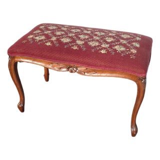 Vintage French Provincial Burgundy Needlepoint Tapestry Bench W Floral Design For Sale