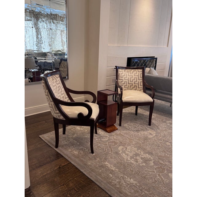 2000 - 2009 Pair of Custom Dark Wood Scroll Arm Accent Chairs – Greek Key Upholstery For Sale - Image 5 of 9