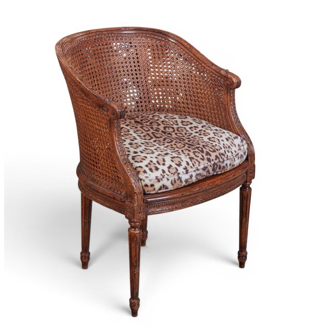 Brown Louis XVI Carved Oak & Cane Barrel-Back Armchairs With Leopard Upholstery-Set of 6 For Sale - Image 8 of 13