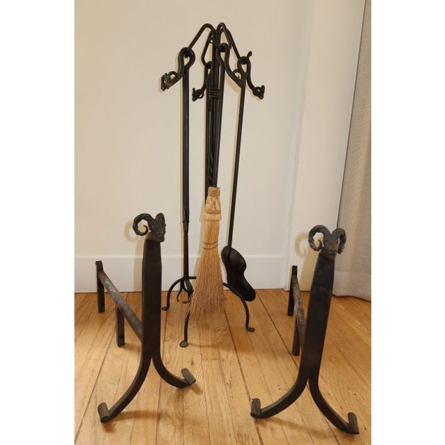 Metal Vintage Hand Wrought Iron Ram's Head Fireplace Set For Sale - Image 7 of 8