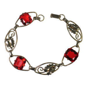Vintage Art Deco Sterling & Gold Ruby Crystal Bracelet 1930s