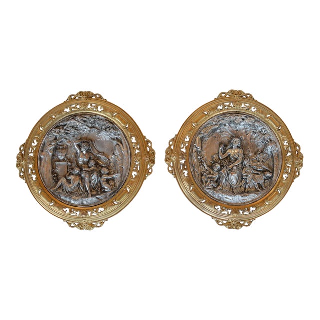 Pair of Deep Relief Figural Metal Wall Plaques, Late 19th Century. For Sale