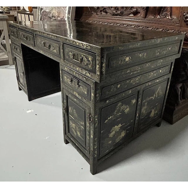 1960s Large Chinoiserie Black Laquer Writing Desk For Sale - Image 4 of 4