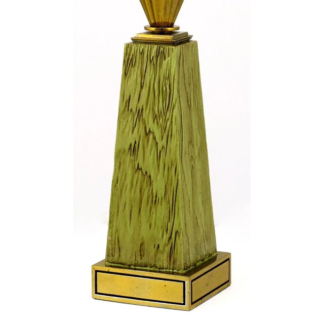 1950s Pair of Brass Crown and Sage Lacquer Obelisk Table Lamps Attributed to Stiffel For Sale - Image 5 of 6
