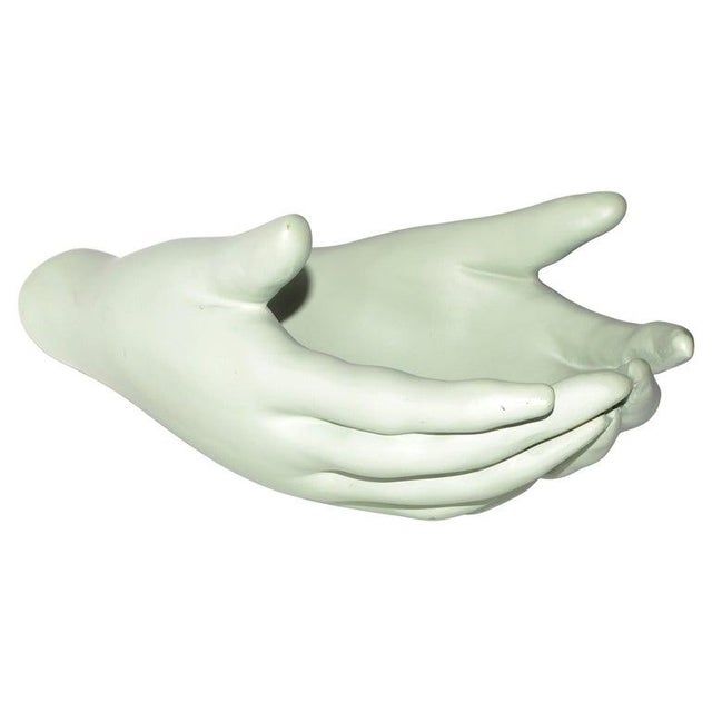 Vintage Ceramic Open Hands Sculpture Mounted Wall Art Mint Green Finish Pop Art For Sale - Image 15 of 15
