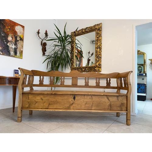 Original, rustic Biedermeier country-style storage bench from Salzburg. Dimensions: Height 92 x Width 198 x Depth 52....