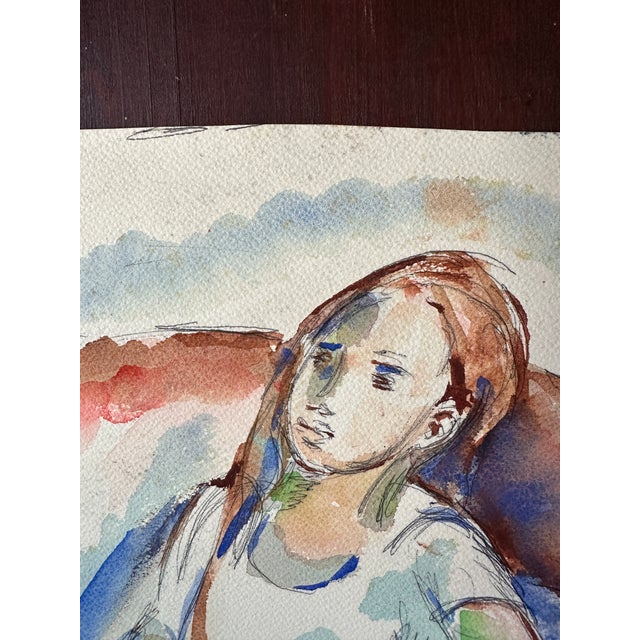 Orange Watercolor Expressionism Painting of Sitting Girl For Sale - Image 8 of 8