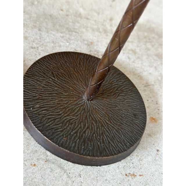 Pair of Tropical Coastal Palm Tree Metal Candlesticks With Verdigris Green Fronds For Sale - Image 10 of 12