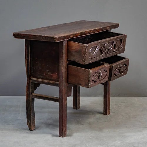 Antique intricately carved, dark red & lacquered Chinese altar table which could serve as a side or console table. Three...