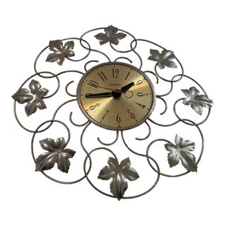 Mid Century Vintage Master Crafters Gold Leaf Sunburst Style Wall Clock For Sale