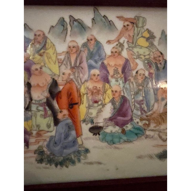 Mid-Century Modern Late 20th Century Chinese Jingdezhen Famille Rose "18 Arhats" Porcelain Plaque - Framed For Sale - Image 3 of 11