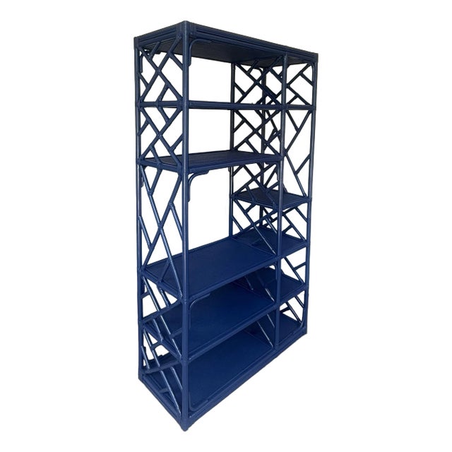 Vintage Chinoiserie Chippendale Style Blue Rattan Bookcase Etagere - Newly Painted For Sale