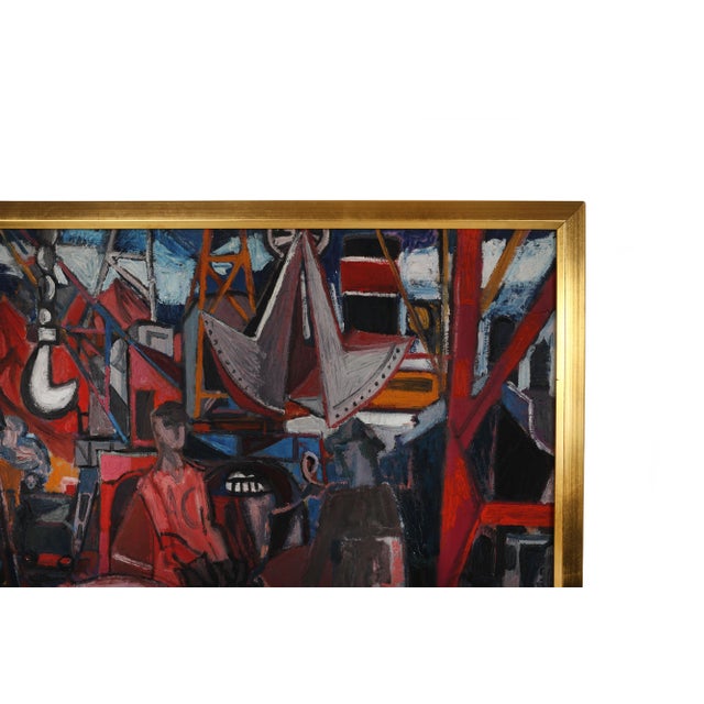 Mid Century Modernist Mechanical Painting on Canvas of the Port of Caen, France For Sale - Image 6 of 10