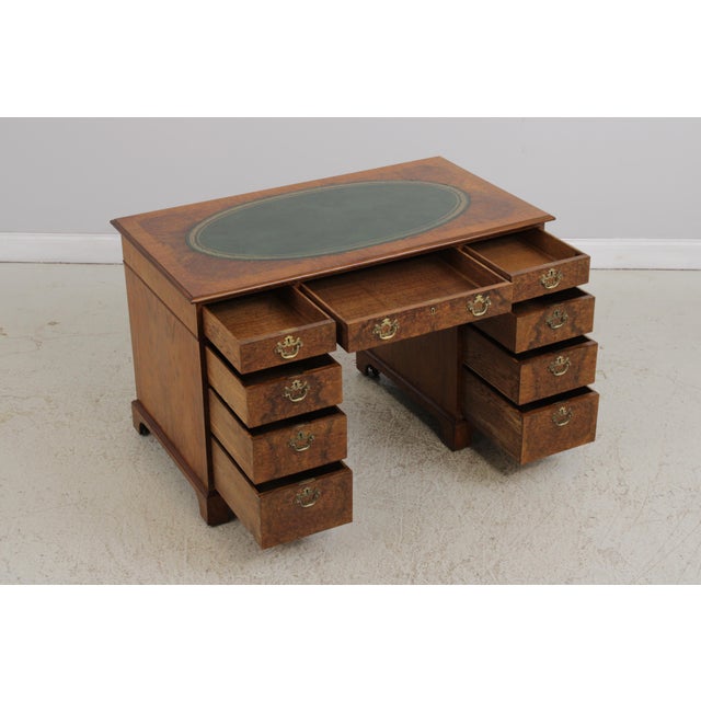 English English 3 Part Leather Top Burl Walnut Desk For Sale - Image 3 of 15