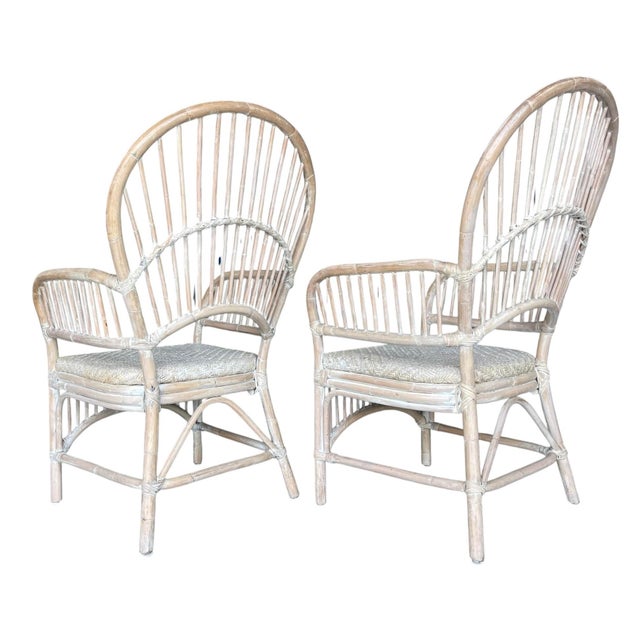 Vintage Coastal Rattan Fan Back Armchairs With Woven Seats, a Pair For Sale In Naples, FL - Image 6 of 12