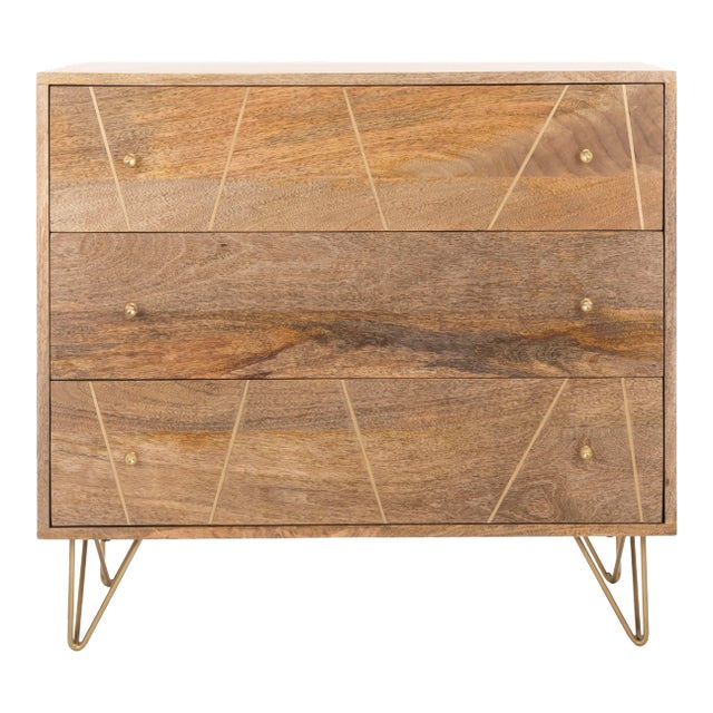 3 Drawer Chest in Natural & Brass For Sale