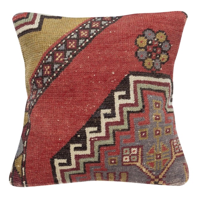16"x16" Rustic Cushion Cover. Handmade Rug Pillow. Vintage Square Pillowcase For Sale