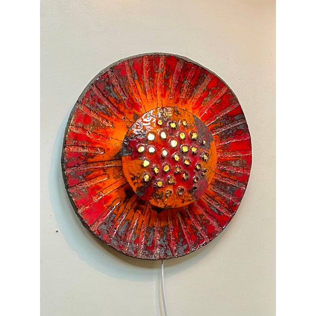 Piece unique - one of a kind sculptural wall light executed in glazes ceramic/stoneware\. Vibrant high-gloss orange and...