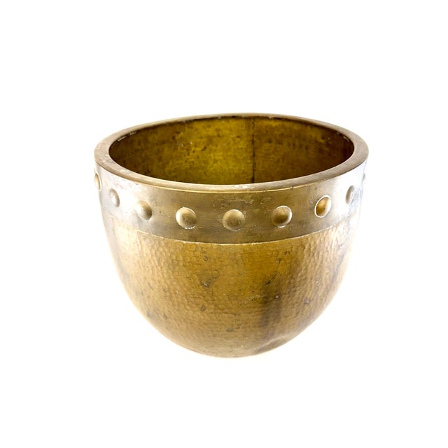 Wood Vintage Hammered Brass Jardiniere With Carved Wooden Stand For Sale - Image 7 of 9