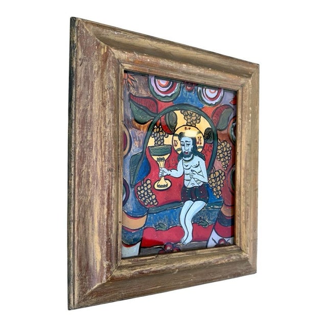 Rustic Vintage Folk Art Reverse Glass Painting of Christ With Chalice in Rustic Wood Frame For Sale - Image 3 of 8