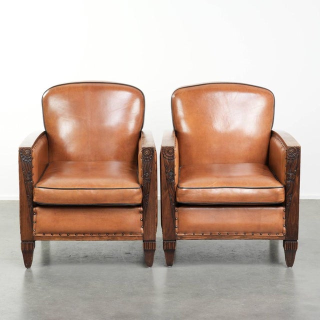 Art Deco Sheepskin Armchairs with Wood Carvings, Set of 2 For Sale - Image 17 of 17